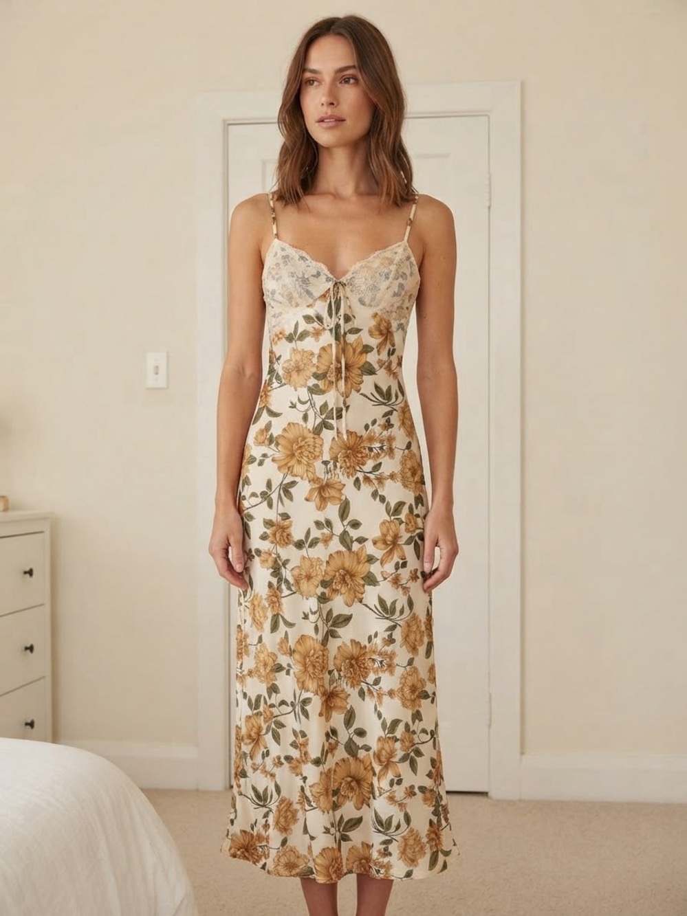 Jessica Simpson Cream Maxi Dress with Mustard Floral Print